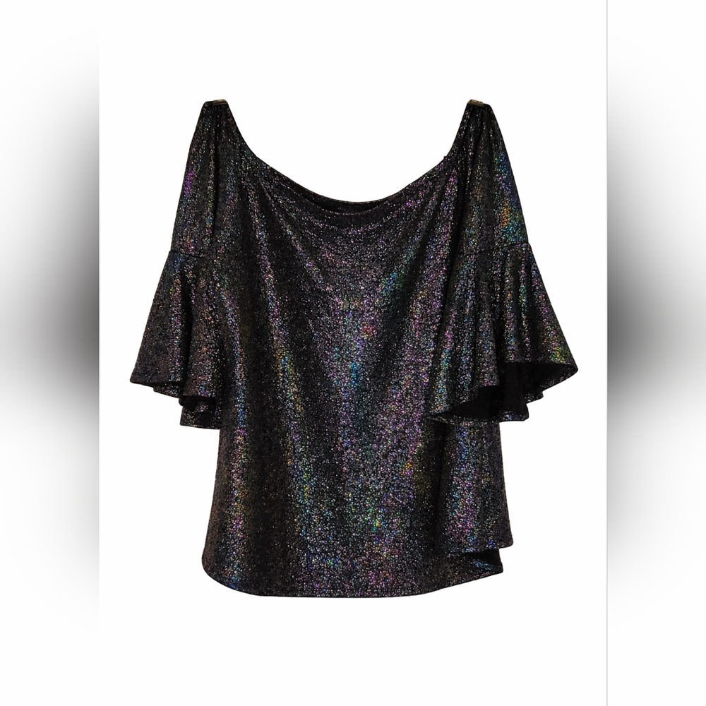 ROAMAN'S Elegant Black Glitter Off-Shoulder Top